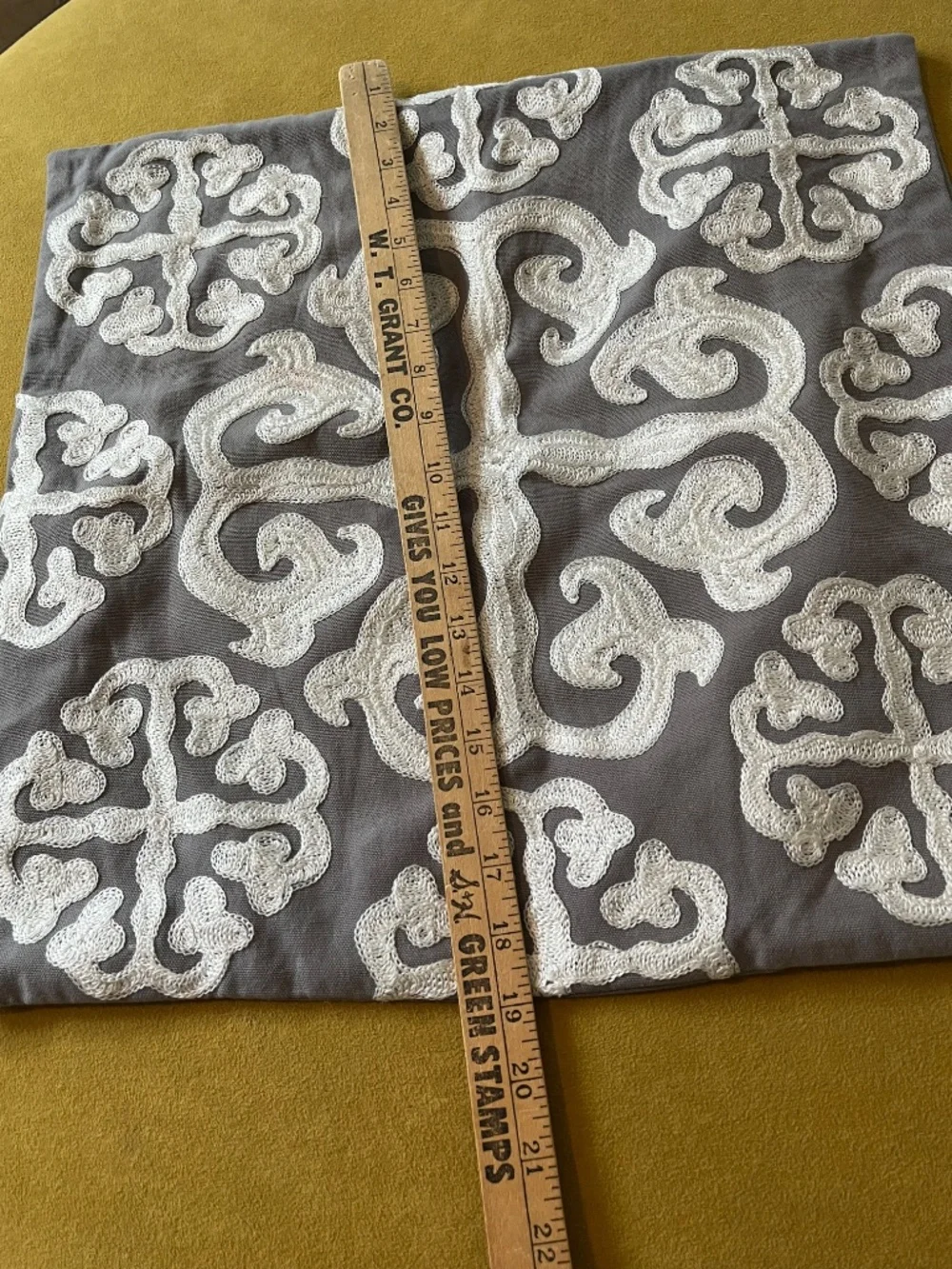 Modern Farmhouse Gray Cotton Throw Pillow Cover 18x18 White Scroll Embroidery